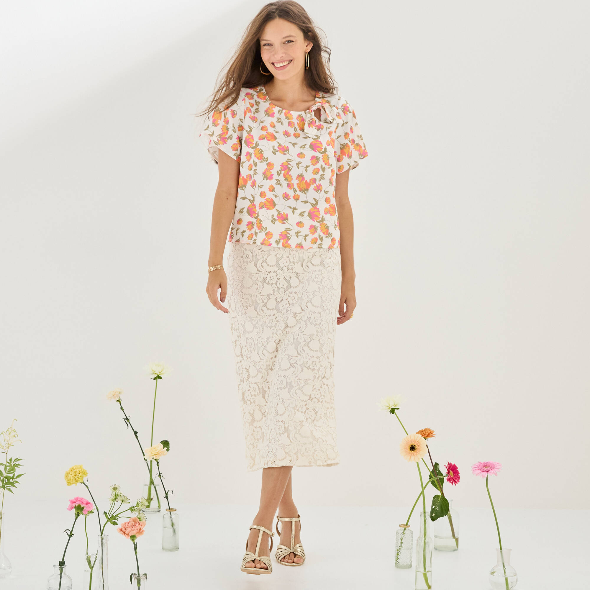 Blouse imprimée fleurs, noeud fantaisie