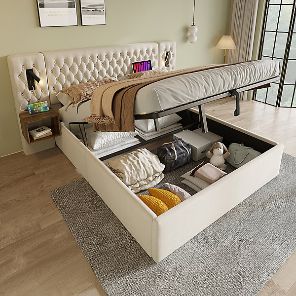 Lit avec rangement 180x200cm, Beige, hydraulique, tables de nuit avec lumière et USB