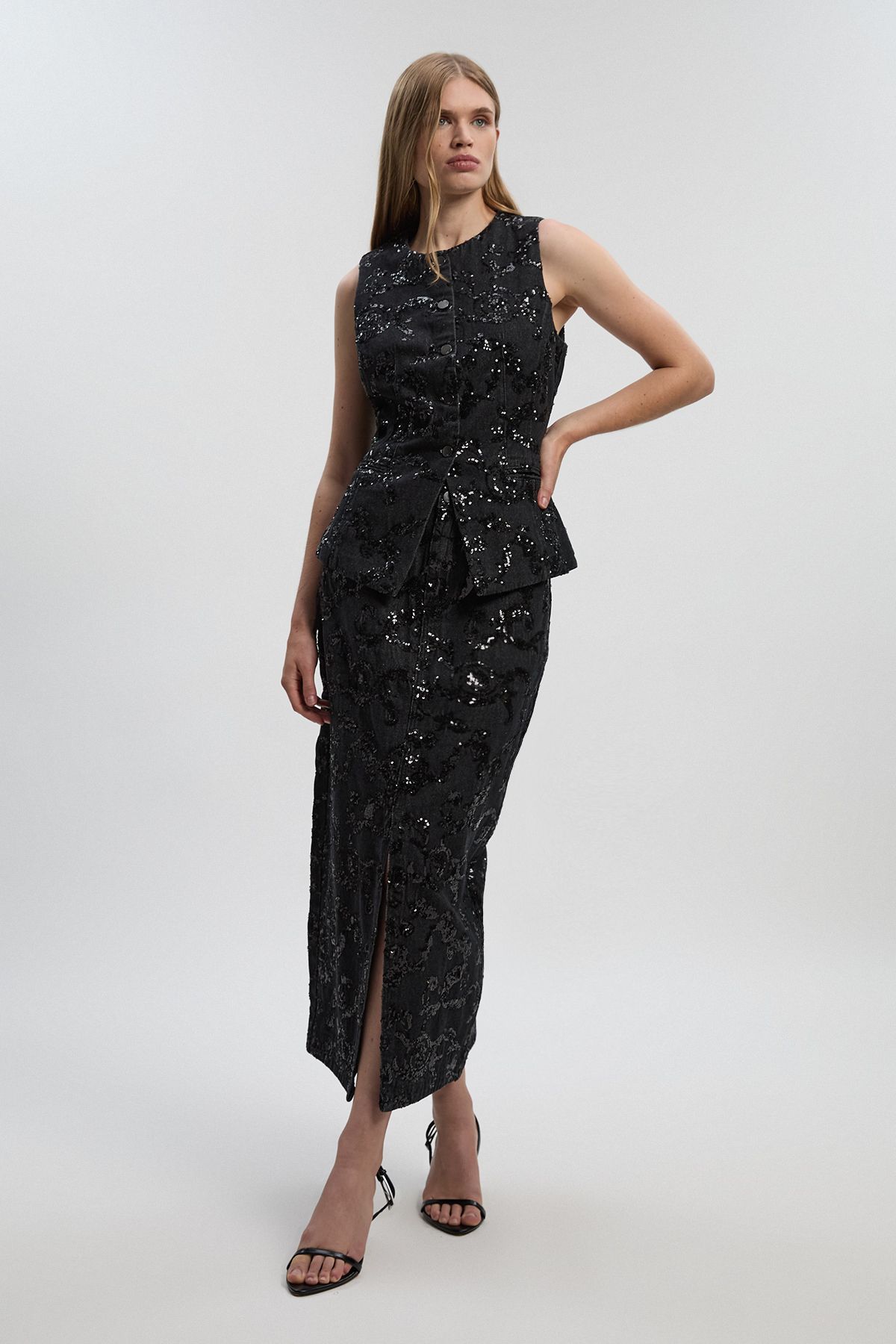 KarenMillen Sequin Denim Waistcoat