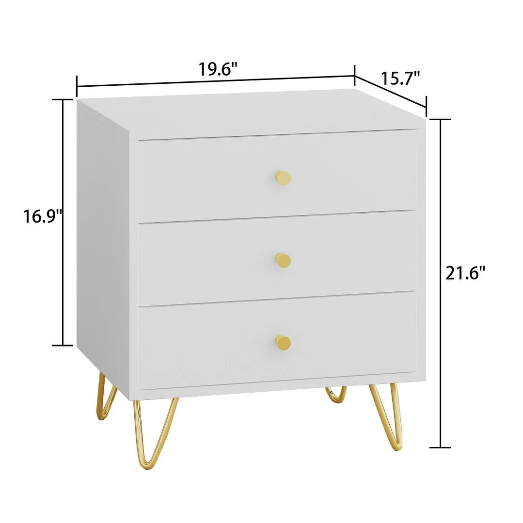 Timechee Nightstand Bedside Table Wood 3-Drawer with Metal Leg, White