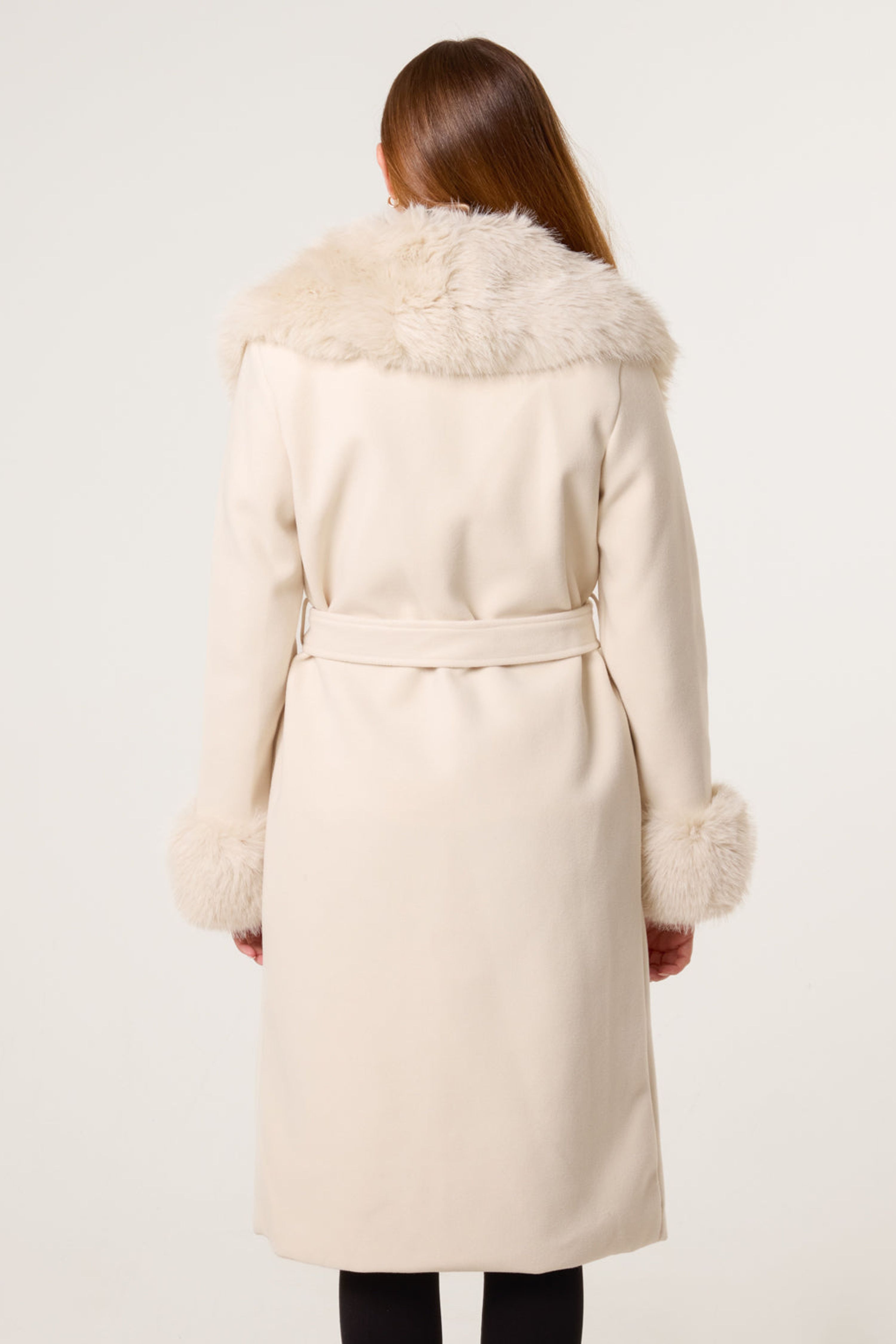 Blue Vanilla Beige Wrap Front Faux Fur Collar & Cuff Coat
