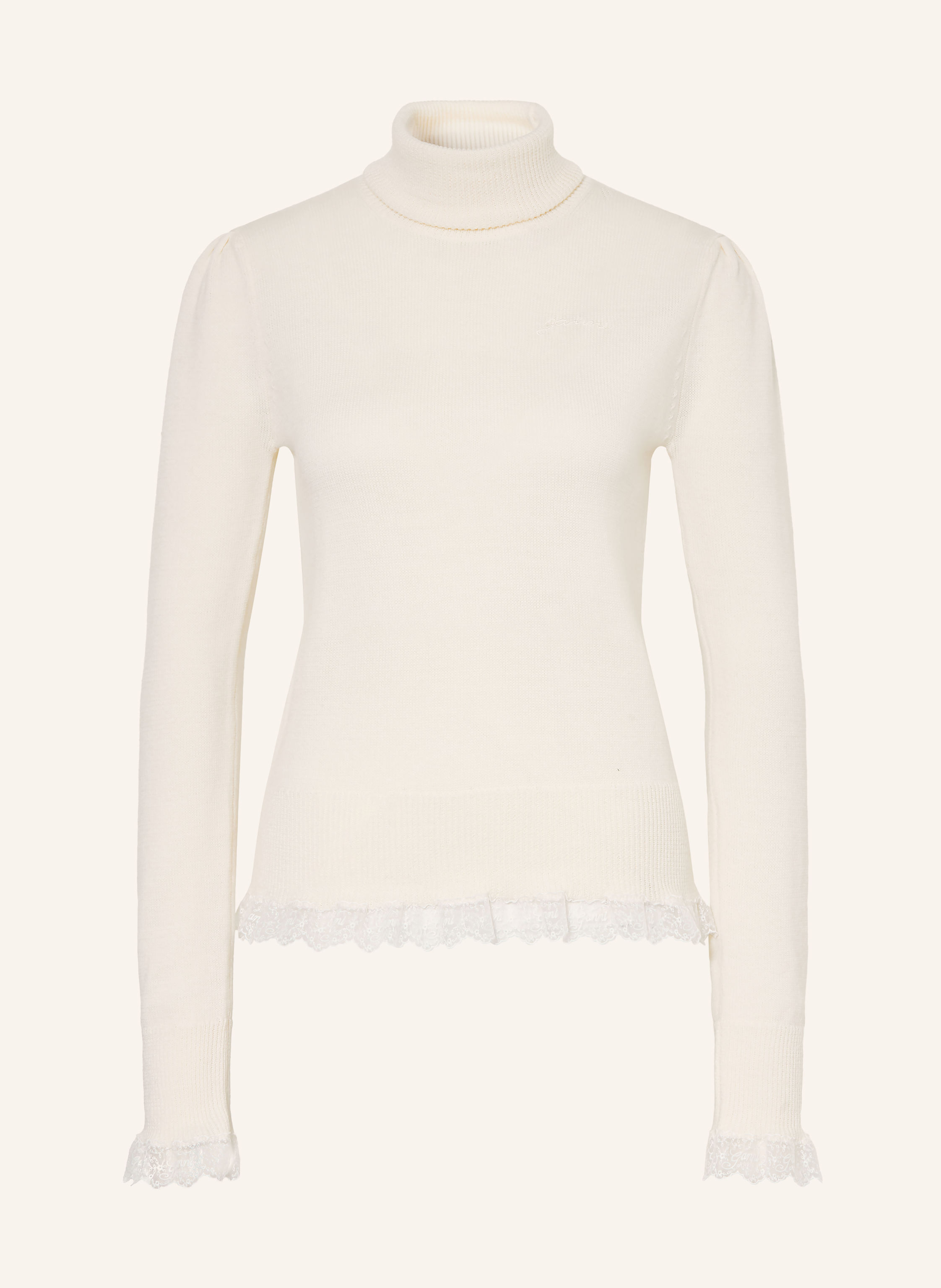 GANNI Rollkragenpullover aus Merinowolle mit Spitze