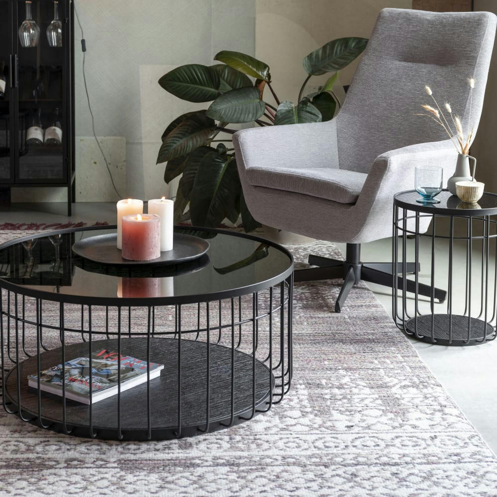 LANCE - Table basse ronde en verre et métal D80cm noir