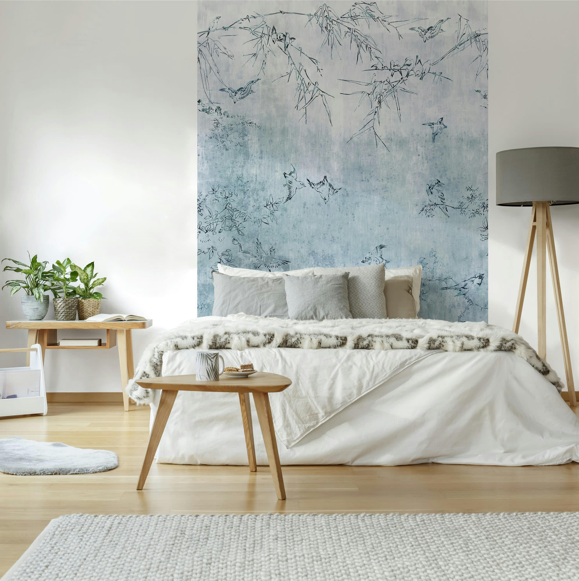 OISEAUX - Papier peint panoramique intissé oiseaux Japonais bleu 186x280cm