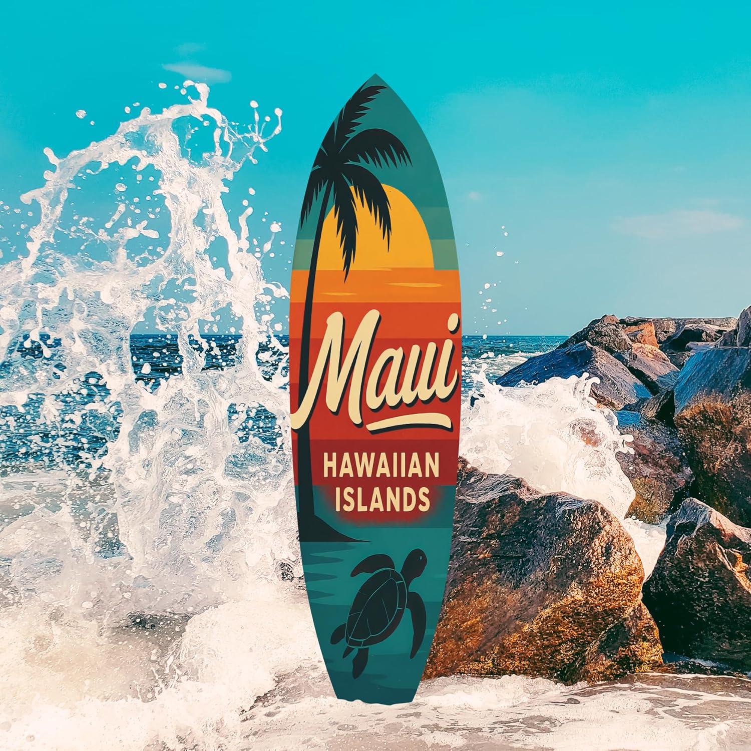 JennyGems Outdoor Surfboard Wall Art - Maui Hawaiian Islands Sign with Palm Tree Sea Turtle, Coastal Beach House Decor Weatherproof PVC, 3 Foot