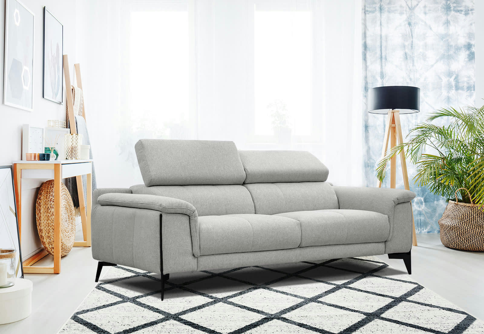 MATERA - Canapé XXL droit 3 places tissu gris clair