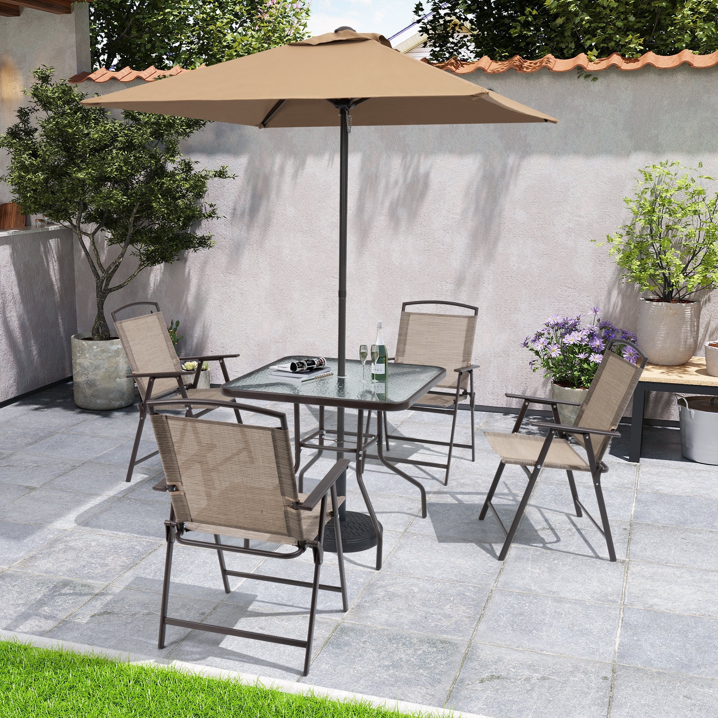 6 PCS Outdoor Patio Dining Set with 4 Folding Chairs, Glass Table Umbrella without Base - See the details