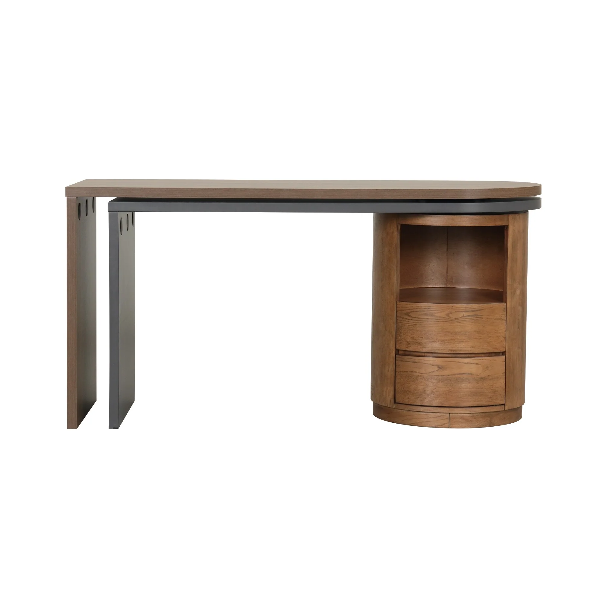 Modern L Shaped Desk in Walnut with 2 Drawers and Open storage