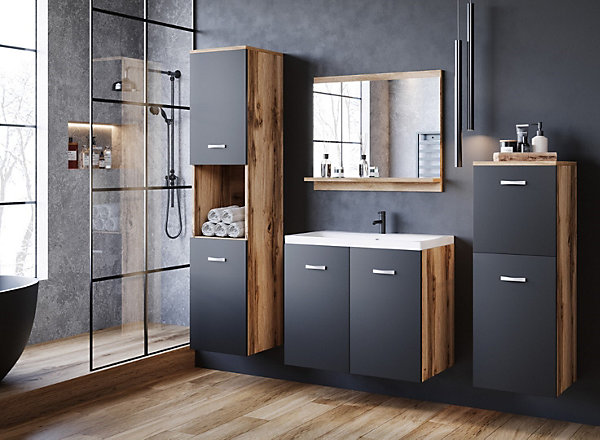 MINIO go for it, Ensemble de meubles de salle de bains 4 pièces MOLO, avec lavabo, couleur chêne Wotan / noir graphite