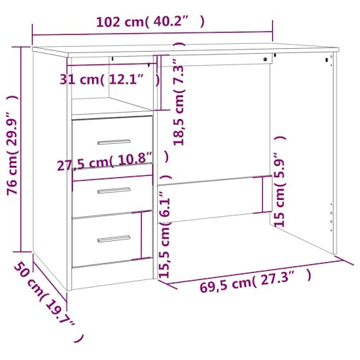 NNEVL Desk with Drawers White 102x50x76 cm Engineered Wood