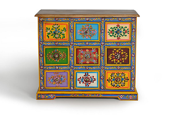 Commode en bois de manguier avec détails multicolores peints à la main