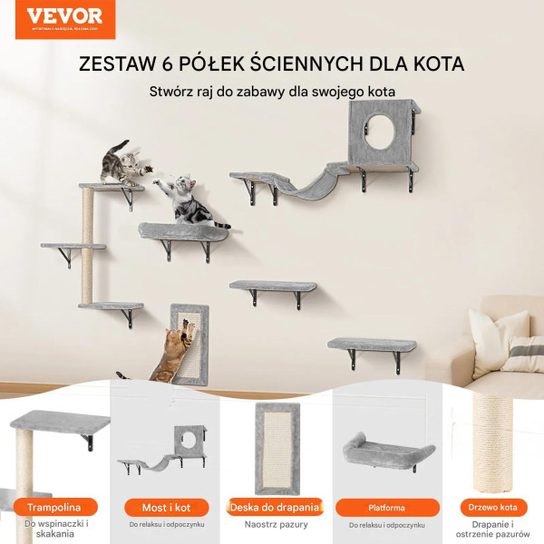 Półki dla kota 6szt ścienne – zestaw platformy hamak drapak do zabawy