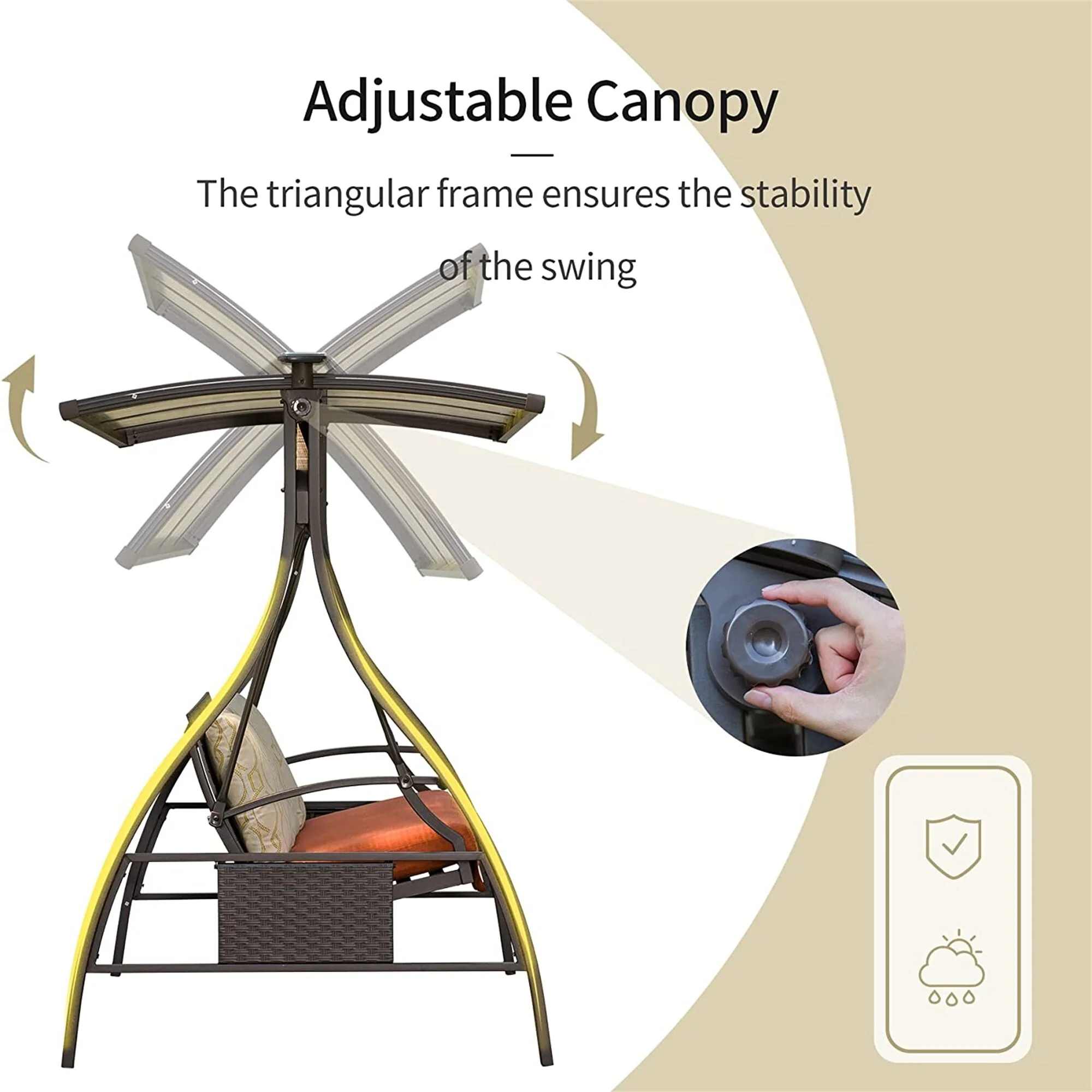 Steel Frame 2-Person Porch Swing with Adjustable Canopy, Solar LED Lights and Sunbrella Cushions