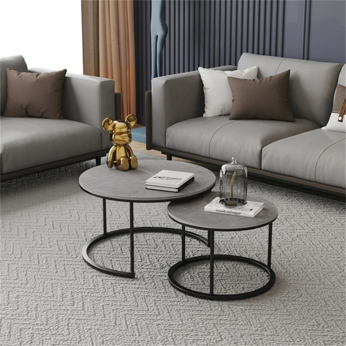 Set of 2 Round Nesting Coffee End Table Sintered Stone Stacking Side