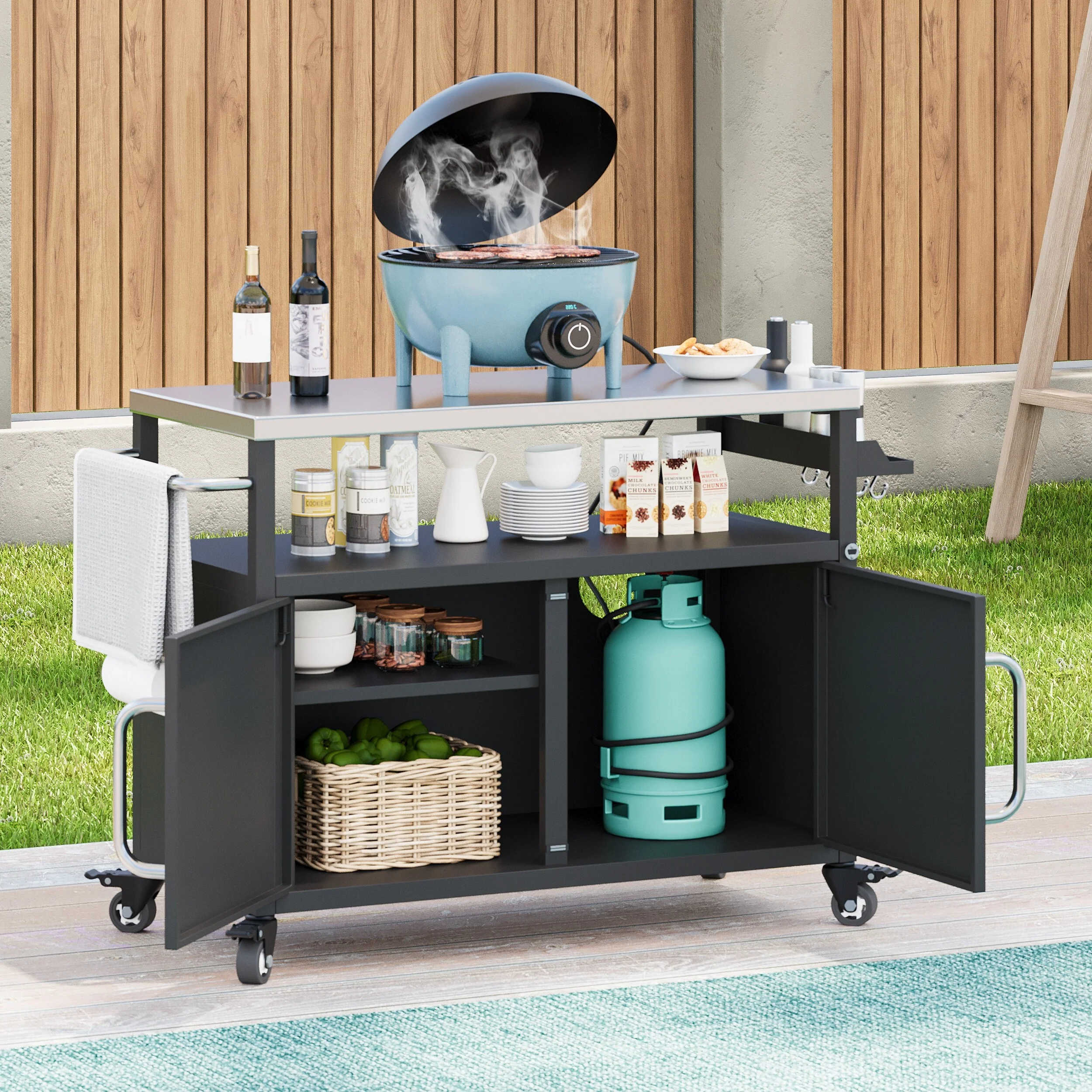 54.5 Outdoor Kitchen Island with Stainless Steel Tabletop, Grill Cart Table with Big Storage Cabinet, 4 Lockable Wheels
