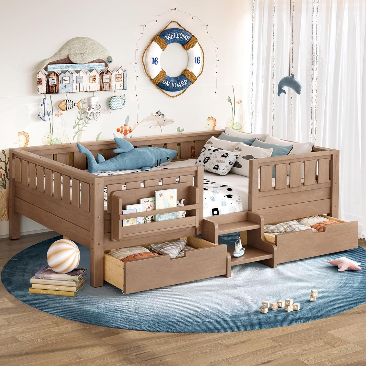 Bellemave Full Size Kids Montessori Bed with Stairs and Bookshelf,Solid Wood Full Size Kids Bed Frame with 2 Storage Drawers for Kids Girls Boys,Low-Profile,Natural