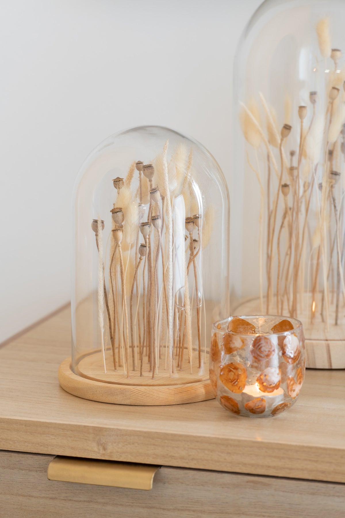 J-Line Decoratieve stolp Droogbloemen - glas/hout - ecru/bruin - large