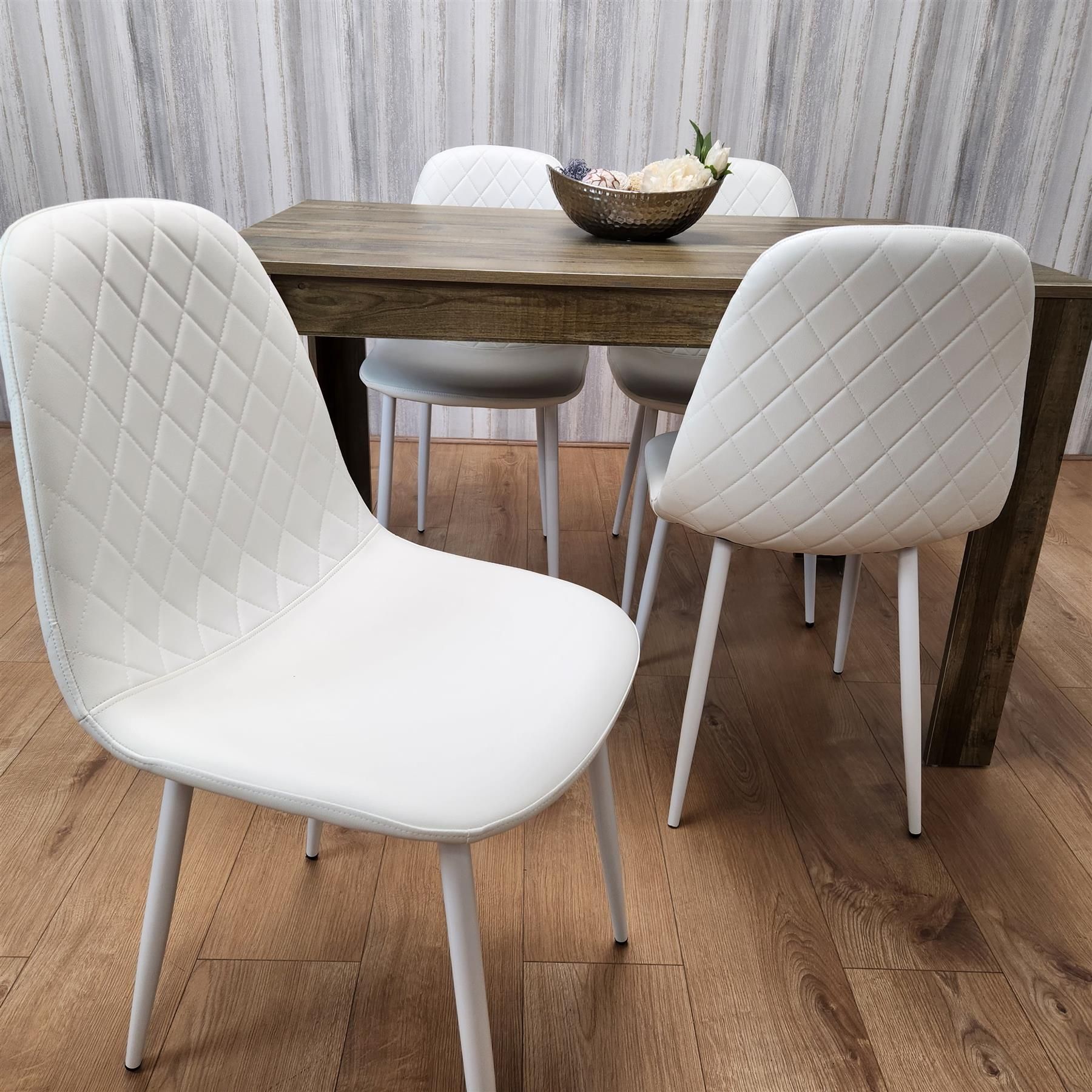 KOSY KOALA Rustic Effect Wooden Dining Table Set with 4 white Gem Pattern Chairs Dining Room Furniture