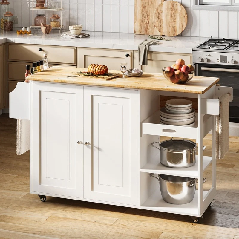 Kitchen Island Cart, Kitchen Island Rolling Trolley Cart with Adjustable Storage Cabinet