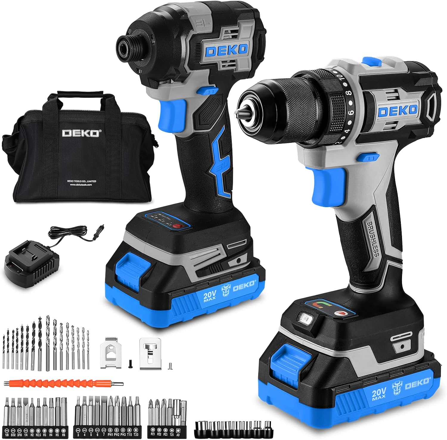 Cordless Drill & Impact Driver: DEKOPRO 20V Brushless Power Drill and 20V Brushless Impact Driver Set, Power Tool Set with 2 x 2.0Ah Batteries, Charger, Bag& 52 x Accessories-Blue