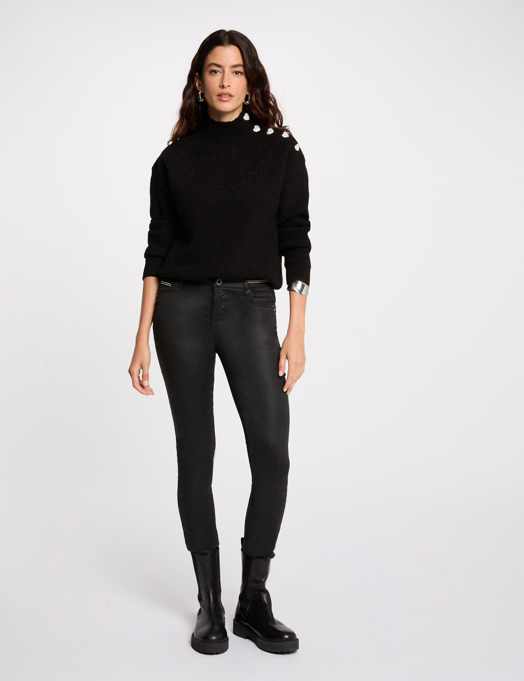Slim Trousers With Wet Effect Black Women