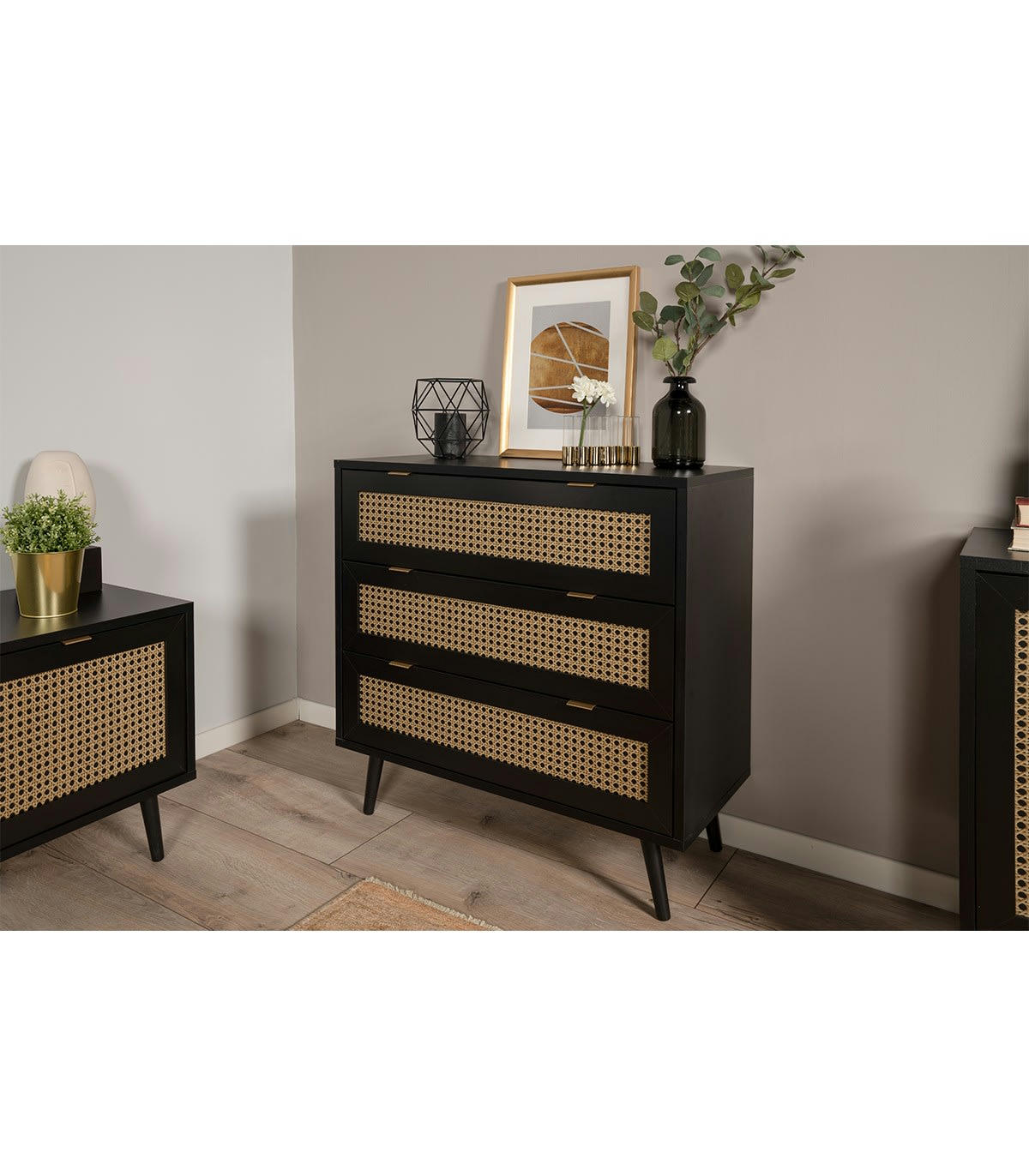 VILLA - Commode 3 tiroirs impression cannage et noir- L80 x H80 x P40 cm