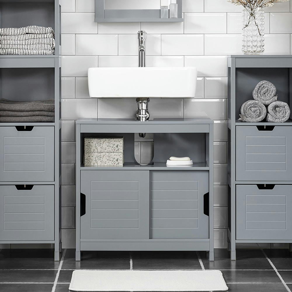- Meuble sous lavabo 2 portes effet bois gris