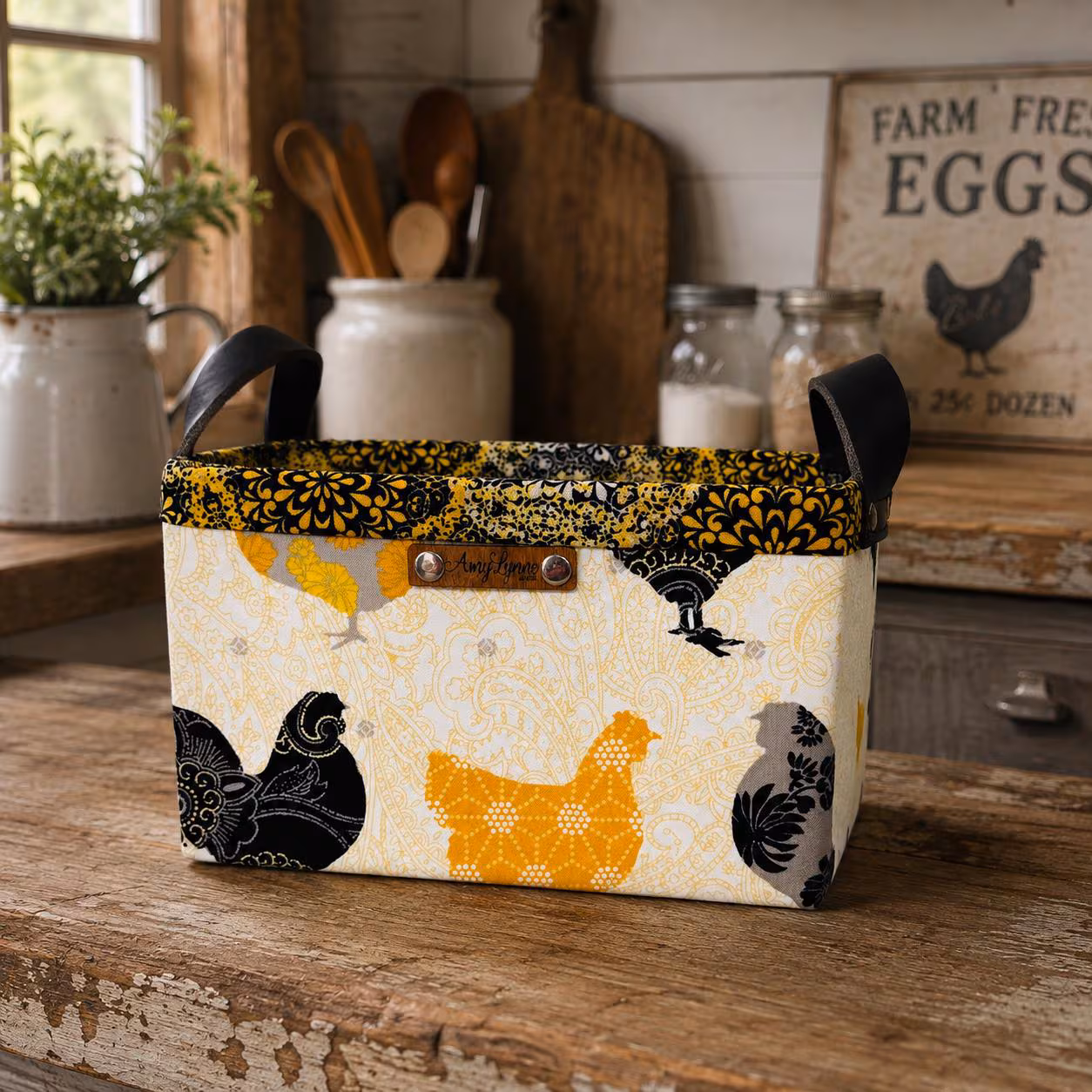 Golden Hen Fabric Storage Basket, Chicken Kitchen Decor, Farmhouse Organizer, Handmade Fabric Bin, Countertop Storage Basket