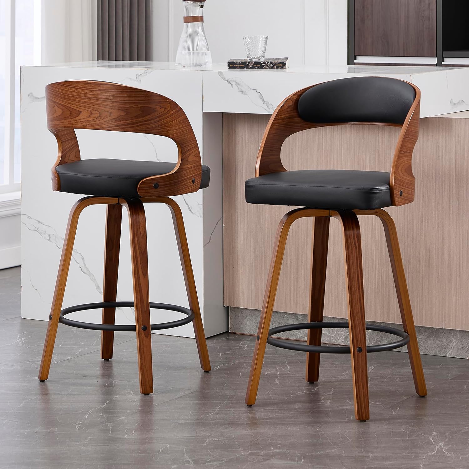 Swivel Bar Stools Set of 2, Walnut Counter Height Bar Stools with Back and Arms, 26 Modern Faux Leather Upholstered Bar Chairs with Bentwood Frame for Kitchen Island Bar - Black