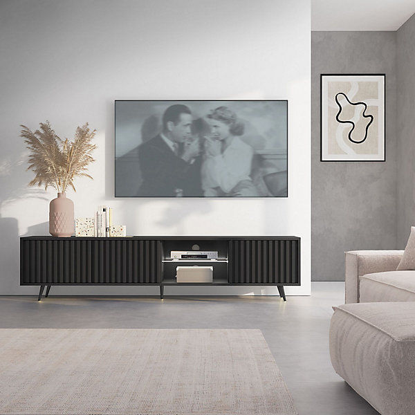 Meuble TV 3 portes noir LED 175 cm pieds noirs BELLO