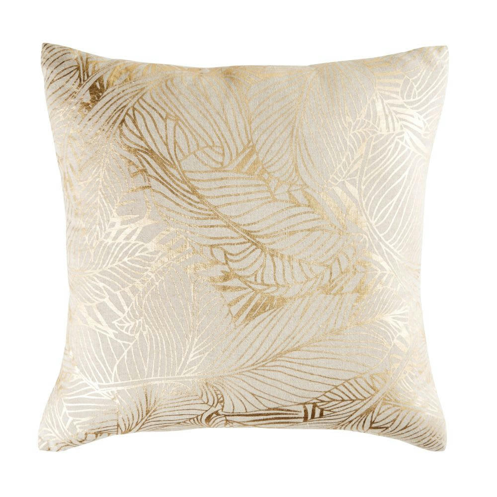 FOLAH - Coussin en lin beige motifs graphiques dorés imprimés 50x50