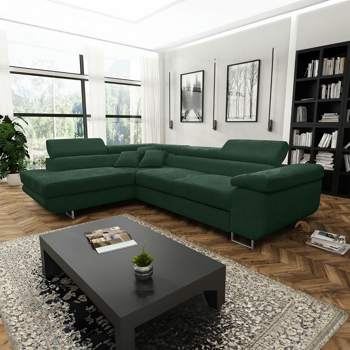 - Canapé d'angle convertible gauche 4 places coffre velours côtelé vert