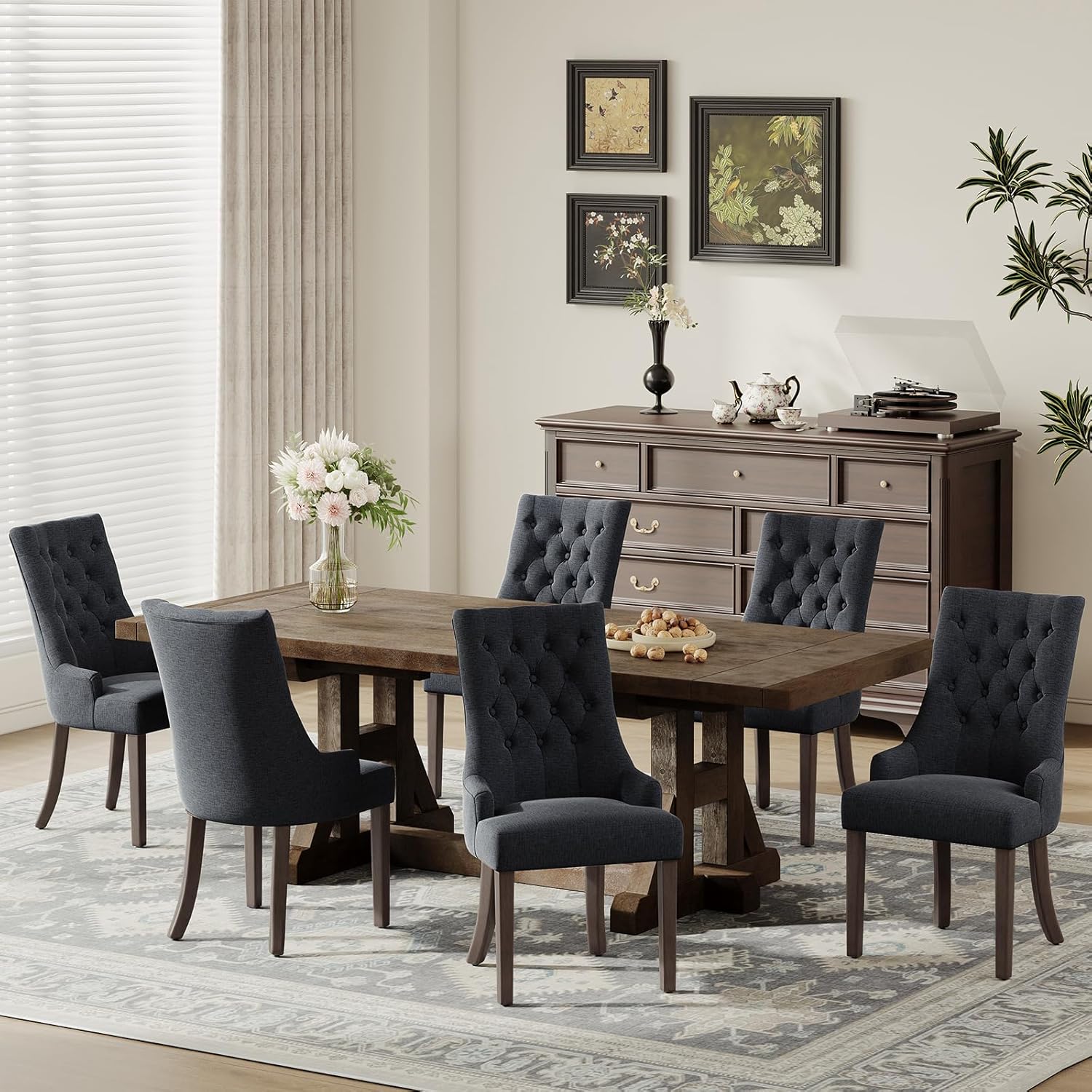 COLAMY Wingback Upholstered Dining Chairs Set of 6, Fabric Side Dining Room Chairs with Tufted Button, Living Room Chairs for Home Kitchen Resturant- Black