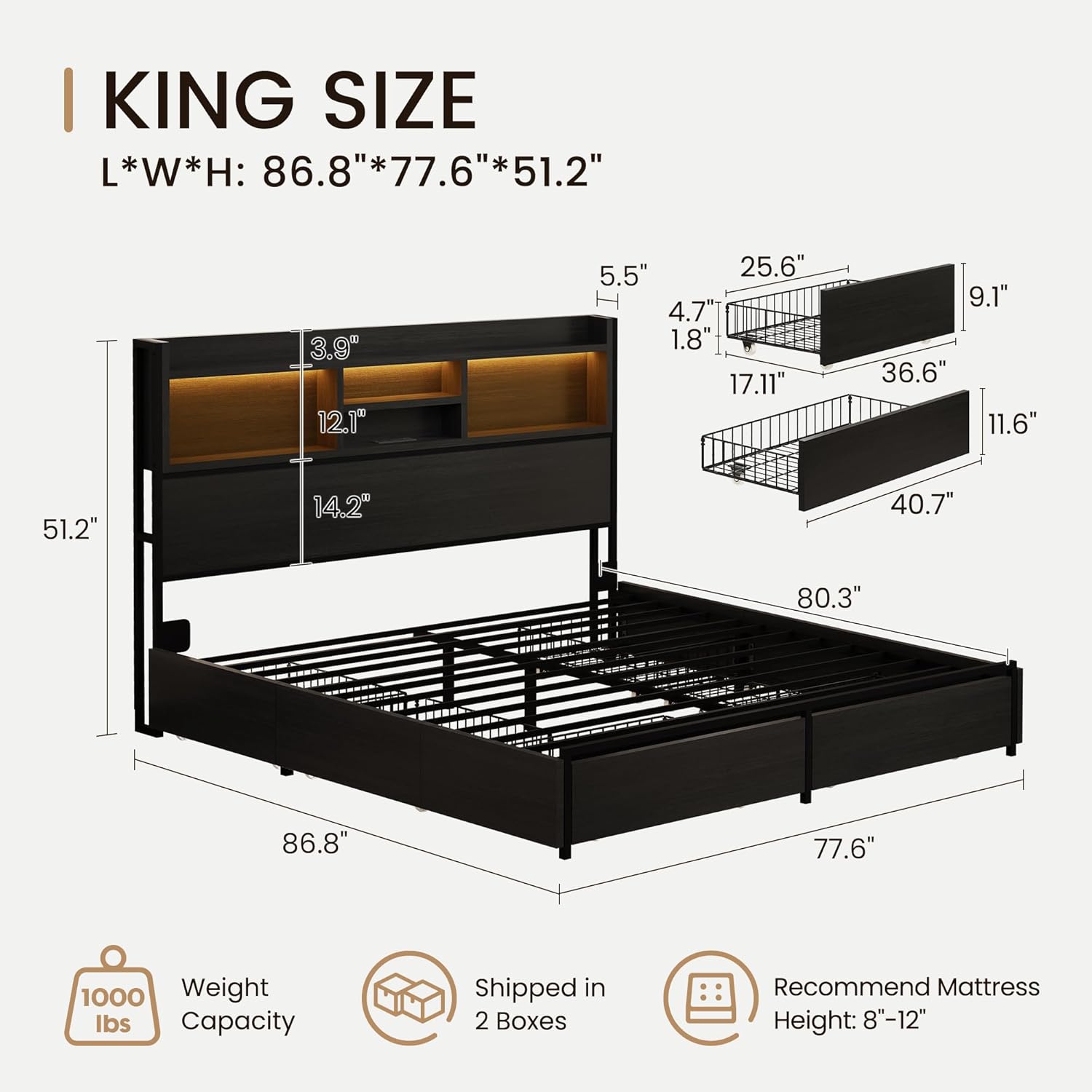 King Storage Bed Frame with 6 Drawers, USB Charging Station, No Noise, No Box Spring Required, Vintage Black Headboard Platform Bed