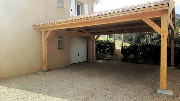 Carport SUR MESUREdeux pentes, 4 poteaux, bois DOUGLAS Français(Charpente en bois-auvent-abri voiture). Garantie 10 ans