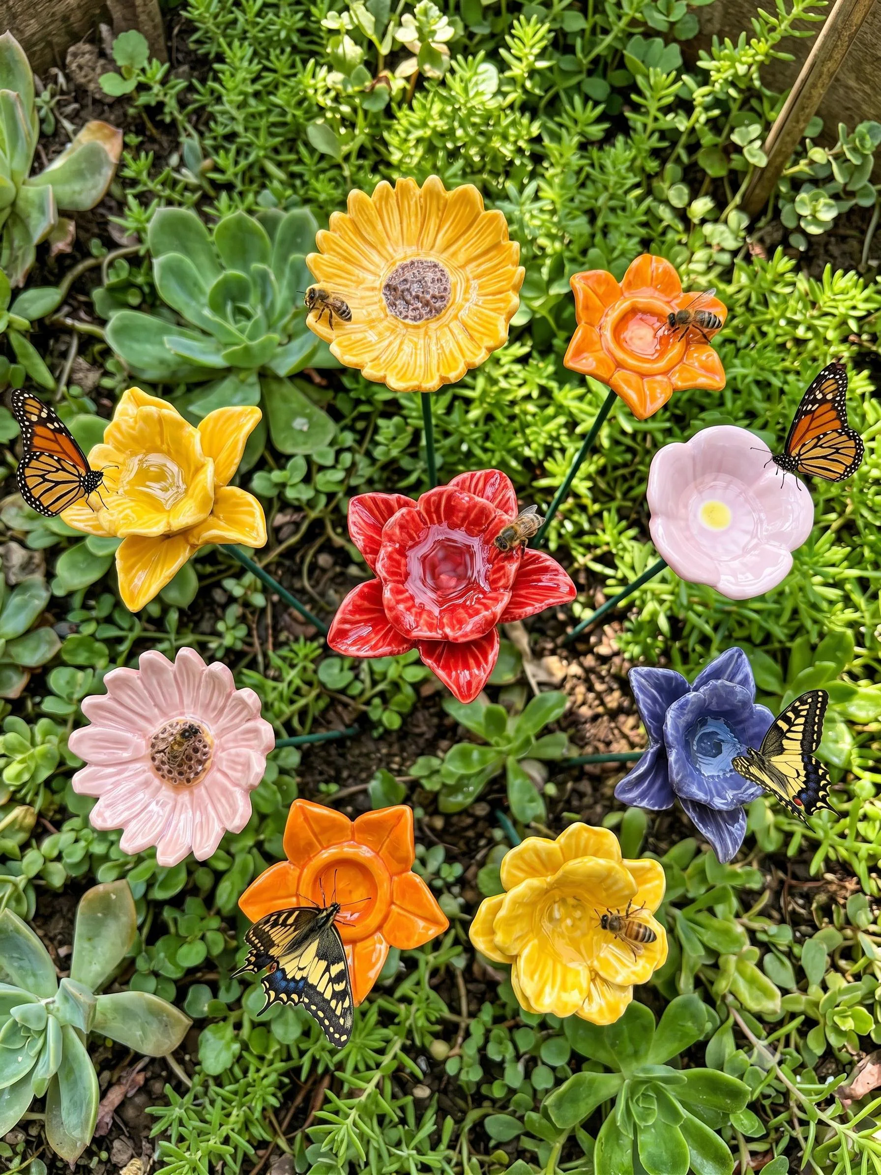 Ceramic Flower Garden Stake & Pollinator Water Station | Cute Outdoor Yard Decor | Handmade Cottagecore Plant Accessories