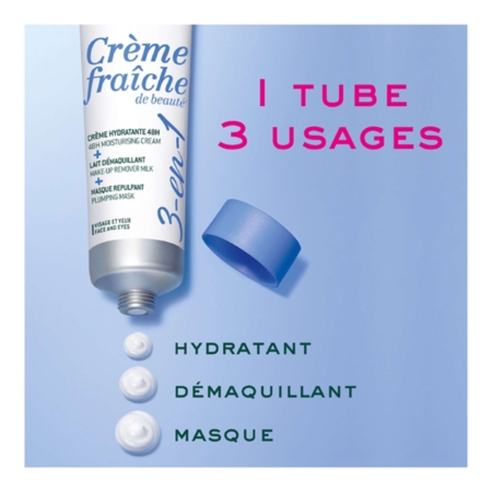 CRÈME FRAÎCHE DE BEAUTÉ®Crème 3-en-1 hydratante 48h + lait démaquillant + masque repulpant