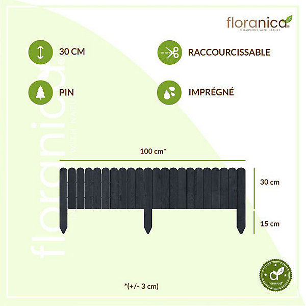 Floranica Bordure de Jardin en bois 30 x 100 cm Anthracite Bordurette de Pelouse Bordure de Gazon avec piquets Bordure de parterre
