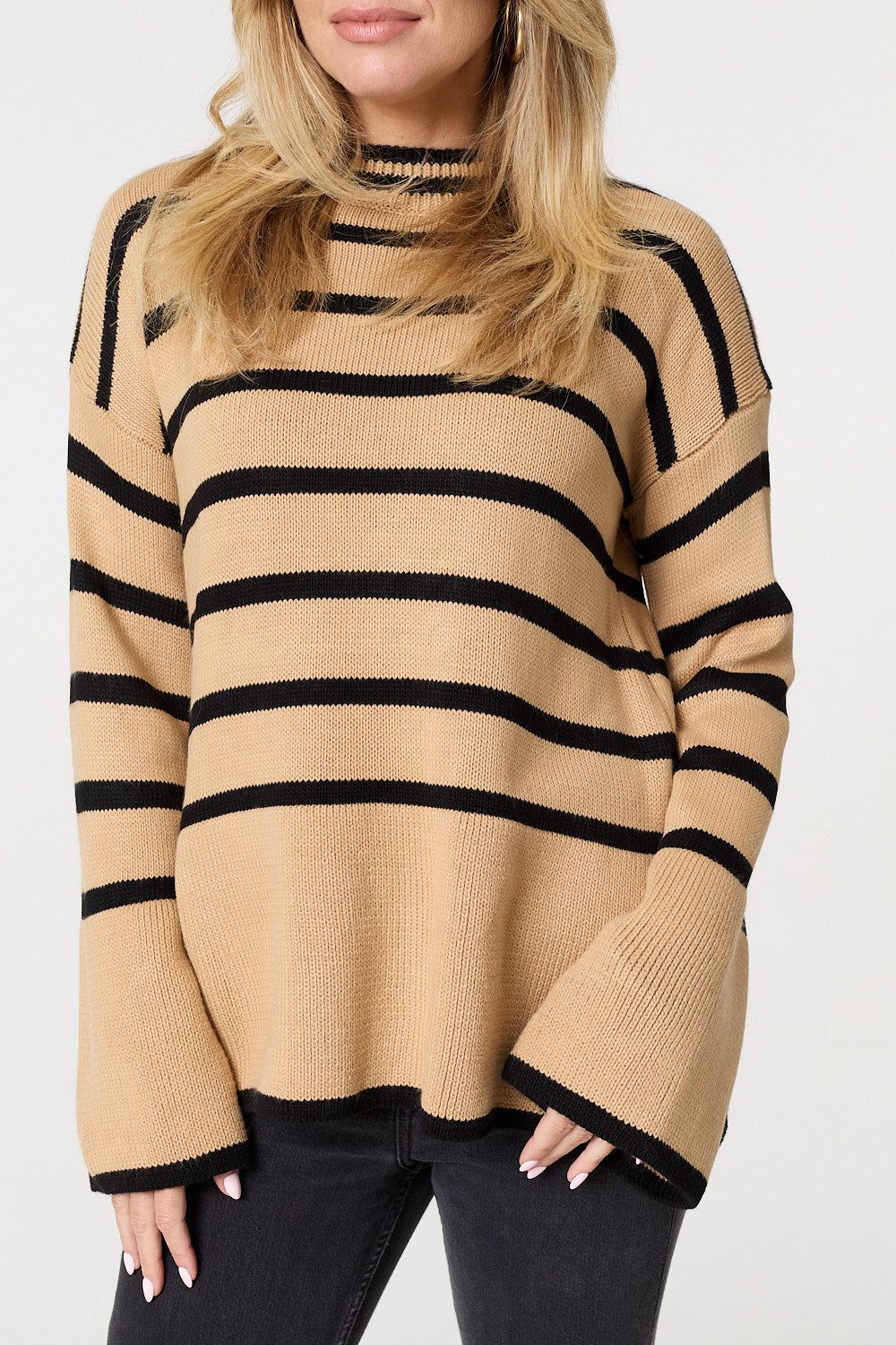 Izabel London Striped Flare Sleeve Roll Neck Jumper