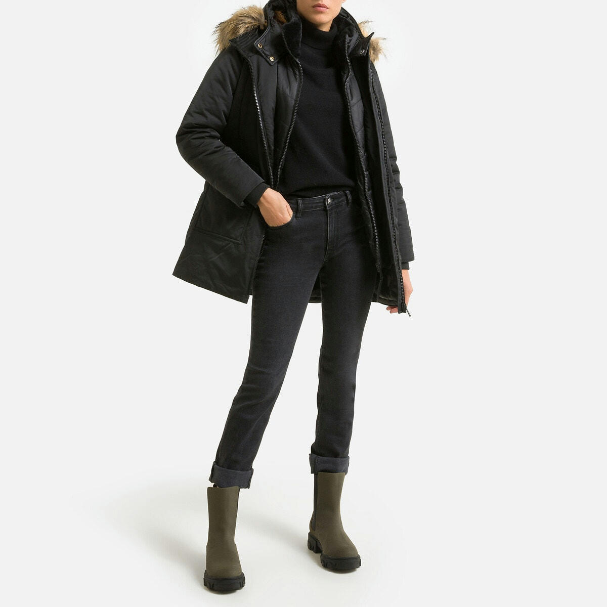 Parka mi-longue à capuche, zippée