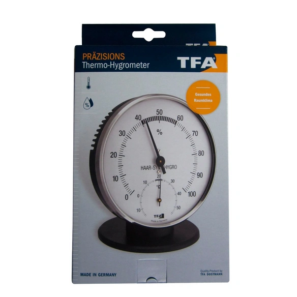 Thermo-Hygrometer, Durchmesser: 10,2 cm ø , Kunststoff|Messing|Verchromt