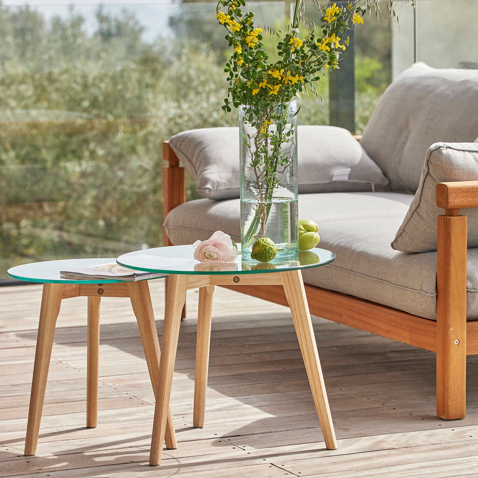 LAVOIE - Ensemble de 2 bouts de canapé en verre et bois d'hévéa - transparent