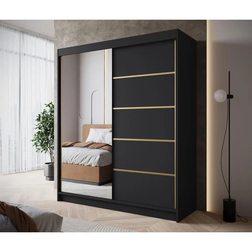 Meubella - Kledingkast Eagle - Zwart - 180 cm - Met spiegel