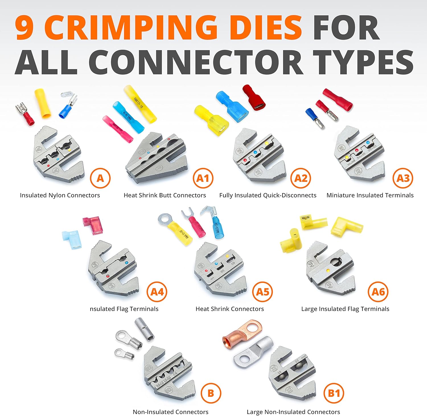Wirefy Crimping Tool Set 11 PCS - High Leverage Wire Crimper 9 - Heat Shrink, Nylon, Insulated Flag, Non-Insulated Connectors