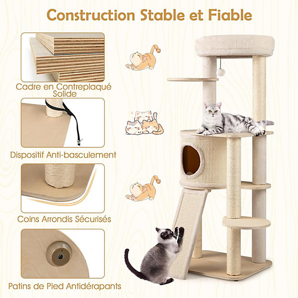 Arbre a Chat 143 CM,XXL avec 6 Plateformes,4 Griffoirs Sisal,Balle Suspendue,échelle 2 en 1 et Niche en Tapis à Griffer Amovible