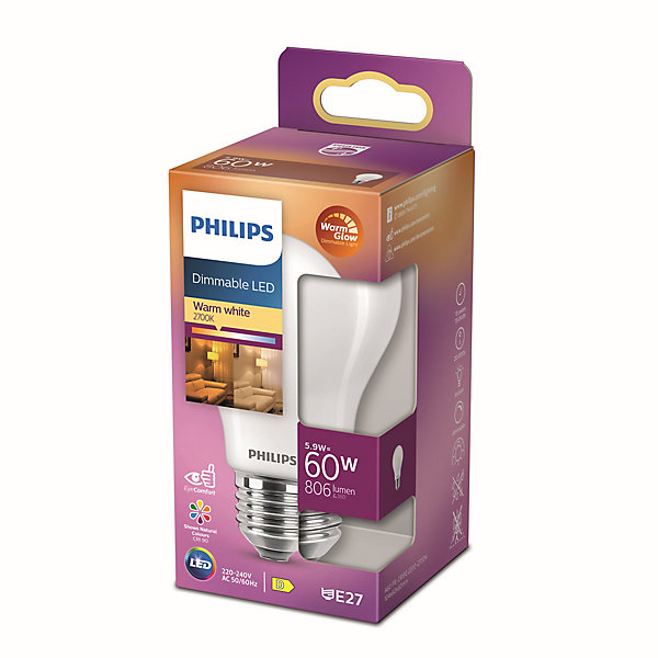 Ampoule LED dimmable E27 A60 806lm 5.9W IP20 variable blanc chaud à blanc neutre Philips
