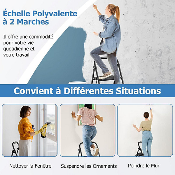 Escabeau à 2 Marches, Marchepied Pliant avec Pédale Antidérapante &Poignée, Cadre Métallique pour Maison, Bureau, Charge 150 kg