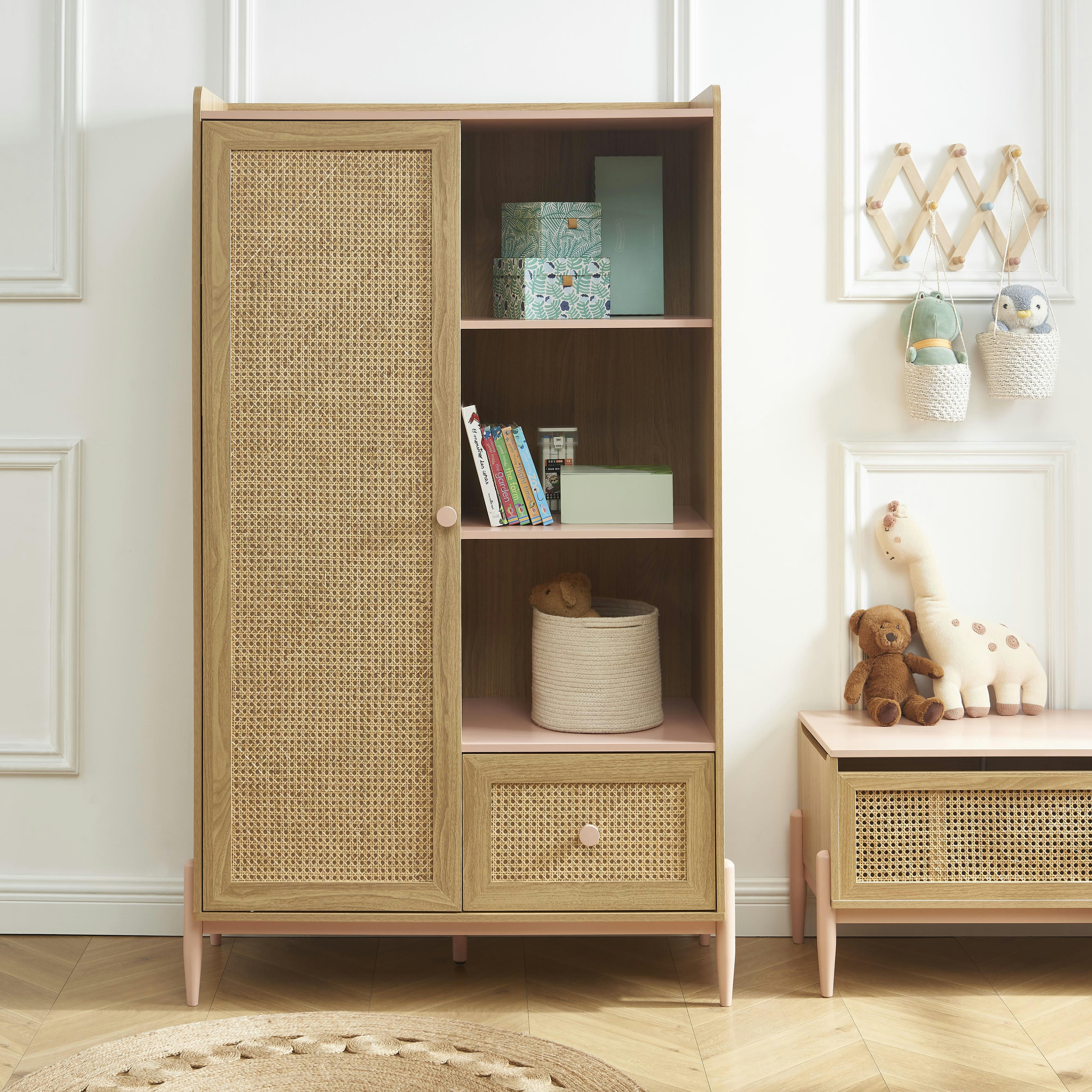 PABLO - Armoire  rose et cannage rotin 1 porte et 1 tiroir