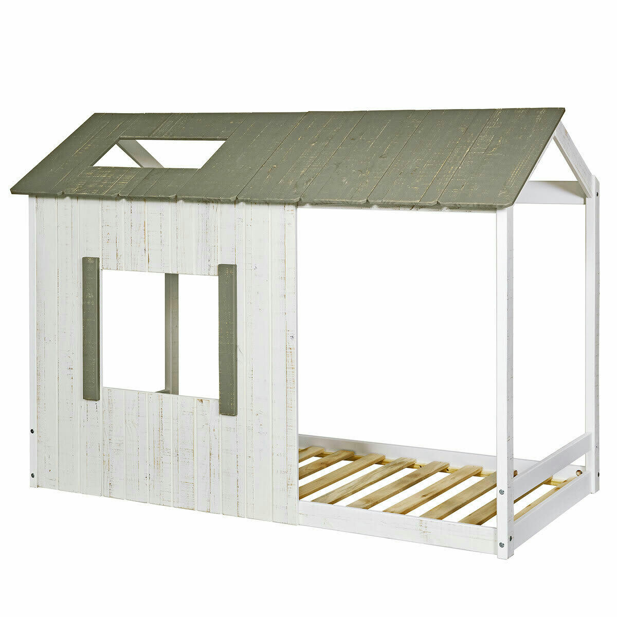 KOH - Lit cabane avec matelas 90x190 cm bois massif blanc et gris anthracite