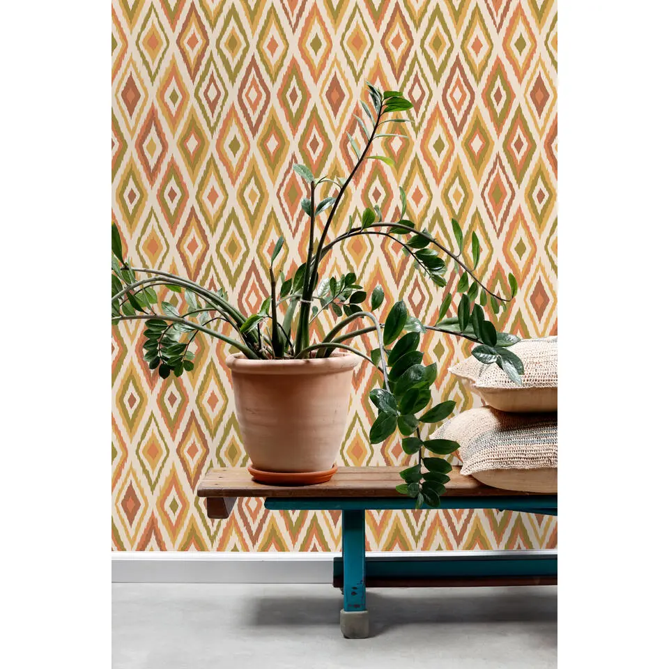 ESTAhome behang ruiten groen, oranje en geel - 50 x 900 cm